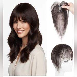 Jet Black Human Hair Clip in Wispy Bangs 1.57"x2.36" T-Shaped Hair Topper 360°3D